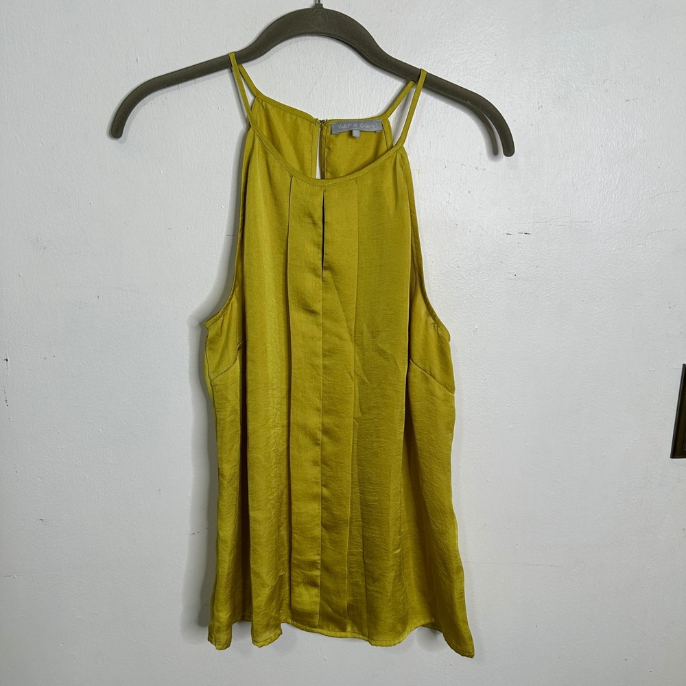 Violet & Claire Chartreuse Yellow Satin Pleated Halter Keyhole Blouse Large